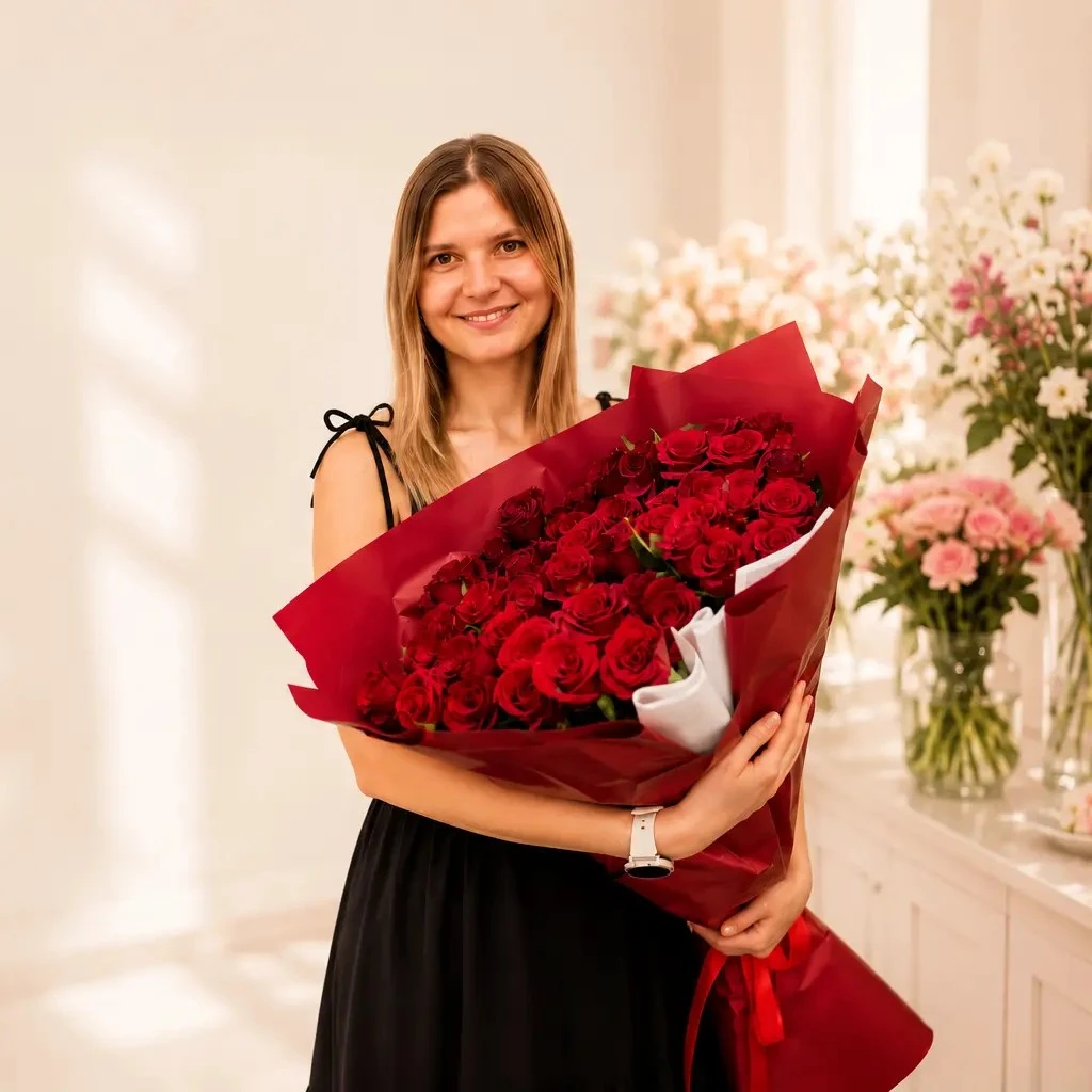 Woman holding a bouquet of roses